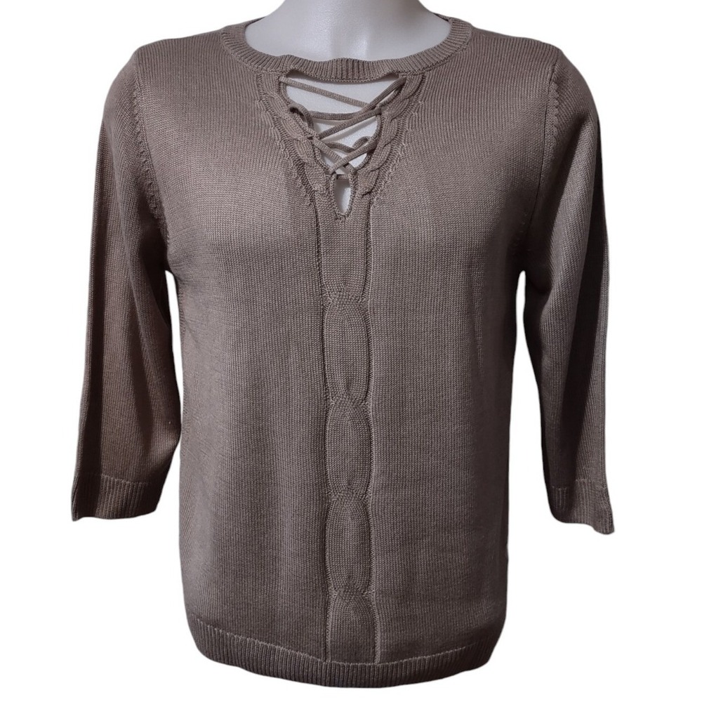 Soho Jeans Sweater Women's XL New York & Company Cable Knit Brown 3/4 Sleeves